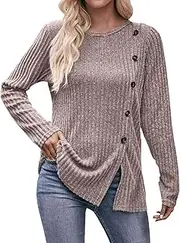 [Generic] Striped Solid Color Crew Neck Strip Brushed Slit Fashion Button T Shirt Long Sleeve Top Tunic Button Front Slit Women Tops and Blouses Summer