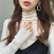 Turtleneck High-Neck Long-Sleeve Plain Top White - One Size