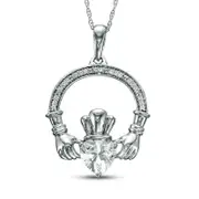 6.0mm Heart-Shaped Lab-Created White Sapphire and 0.05 CT. T.W. Diamond Claddagh Pendant in Sterling Silver