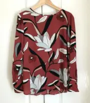 New Ann Taylor Marsala Red Floral Boat Neck Button Long Sleeve Pulover Blouse M