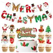 3pcs Merry Christmas Pull Flag Santa Claus Party Decoration Christmas Tree Cake Topper Christmas Party Decor Supplies-Sheet Flag Sign and Large Cake Insert and Small Cake Insert