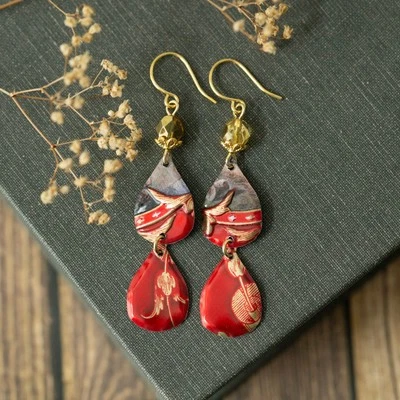 Vintage Tin Earrings – Red & Gold Double Dangle with Glass Beads & Gold Hooks