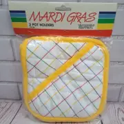 VTG 2pc Colorful Pot Holders W/ Wood Holders, Mardi Gras 1985