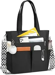 [Lubardy] Canvas Tote Bag with Pompom Work Tote Bags for Women with Zipper Large Laptop Tote Bag for Travel Teacher College