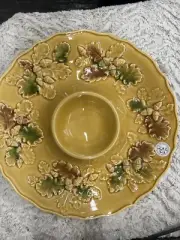 NEW MAJOLICA BORDALLO PINHEIRO GOLD ACORN ROUND CHIP & DIP SERVING DISH
