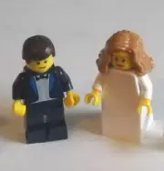 NEW LEGO WEDDING LT BROWN HAIR BRIDE AND DK BROWN HAIR GROOM, DK BLUE, NAVY TUX