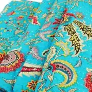 Indian Kantha Hand Block Print Bedspread Sky Blue Art Design King Size Blanket