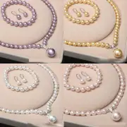 Round Shell Pearl Necklace Earrings Bracelet Jewelry Set Wedding Party for Women