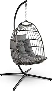 SereneLife Hanging Egg Chair with Stand – Foldable Hammock Swing with Rattan Wicker Frame, Outdoor Furniture for Patio, Porch, Garden, or Bedroom – Cushion & Headrest Included (Gray)