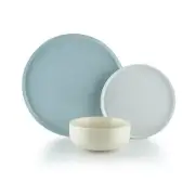 Everything Kitchens Modern Flat 12-Piece Dinnerware Set | Dusty Blue, Stone Gra