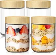 4-pack Glass jars with Airtight Lids, Anfower Overnight Oats Containers with Bamboo Lids, Wide mouth Mason Salad jars, Glass Food Storage Containers for Snacks Yogurt Spice Sugar (480ml)