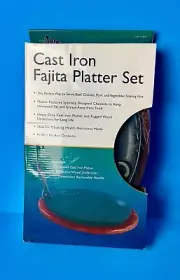 Cast Iron Fajita Platter Set Mr Bar-B-Q Wood Underliner Removable Handle