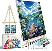 JOOZ Paint by Numbers Kit for Adults with Frame, Landscape Paint by Numbers with Easel, Lake Mountain Paint by Number with Frame, DIY Easy Paint by Numbers Kit for Adults Home Wall Decor 8 x 12 Inch