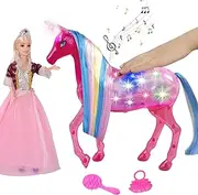 HAPITOIZ Doll Horse Playset for Girls, Dream Unicorn Doll & Princess Doll Playset, Large Unicorn Toy with Realistic Horse Sounds and Rainbow Lights
