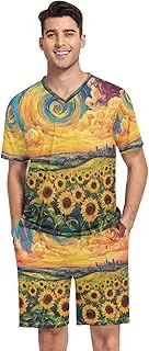 [GAIREG] Men's Pajama Set Short Sleeve V Neck 2 Pcs Sleepwear with Pockets S-XXL, Sunflower Field Swirling Sky, Small