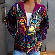 Women's Zip Up Hoodie Sweatshirt Cat Casual Sports Drawstring Print Zip Up Sportswear Funny Hooded Long Sleeve Top Micro-elastic Fall Winter Comfrt Breathable