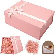 ZCOINS Pink Gift Box with Lid for Presents, 22x16x8CM Cardboard Bow Gift Box with Shredded Paper and Greeting Card for Bridesmaid Proposal Christmas Birthday Mothers Day Valentines Day