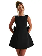 Lola Big-Bowed Pearls Backless Dress Black