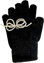 [JINZIJINYU] Knitted Touch Screen Gloves Pearl Bowknot Plush Gloves Winter Cycling Fingerless Touch Screen Ski Gloves