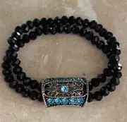 Turquoise Rhinestone Slider And Faceted Black Bead Bracelet