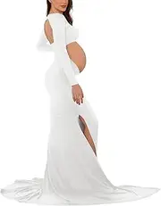 [Bhome] Maternity Dress for Photoshoot Cut-Out Backless Side Split Maternity Maxi Gown for Photoshoot