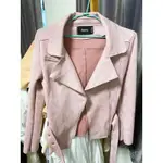 粉色麂皮短版修身騎士外套