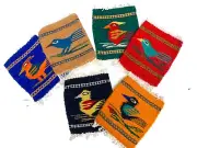 Zapotec Mug Coaster, 5"x6" Hand Woven Set of 6 Wool Birds Tapestry, Cup Mini Rug