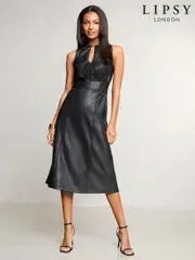 Lipsy Black Faux Leather Sleeveless Fit and Flare Midi Dress (AD7936) | $101