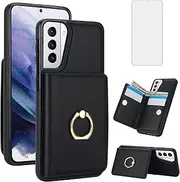 Asuwish Phone Case for Samsung Galaxy S21 FE 5G Cover with Screen Protector and RFID Card Holder Slot Ring Kickstand Cell Accessories Flip S 21 EF S21FE5G UW S21FE 21S G5 6.4 inch Women Men Black