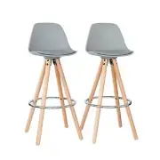 NNEDSZ 2 PU Leather Padded Barstools (Light Grey/Wood) with Metal Footrest