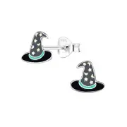Solid 925 Sterling Silver Grey Witch Hat Enamel Stud Earrings Women Girls