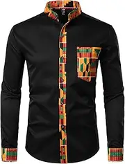 [ZEROYAA] Men's Hipster African Tribal Graphic Patchwork Design Slim Fit Long Sleeve Button up Mandarin Collar Shirts
