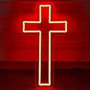 Jesus Cross Neon Sign Red Led Cross Lights Wall Decor Art Lamp Light-Upside Down Light Up Sign for Home Bedroom Christian Religious Room Easter Christmas