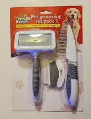 New Pet Grooming Set 3 Pack. 7" Slicker Brush - 8.3" Short Comb - 2.2" Flea Comb