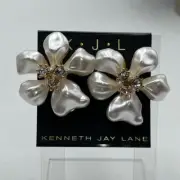 KJL KENNETH J LANE Gold Plated White Faux Flower Pearl Crystal Clip Earring New