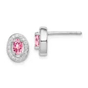 Sterling Silver Rhod-Plated Pink And White Cz Oval Stud Earrings