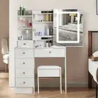 LED Dressing Table Makeup Mirror Stool Set LED Light Vanity Desk Table White