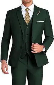 [Mrbuerly] Men Suit 3 Pieces Slim Fit, Groomsmen Business Jacket Vest Pant with Tie 2 Buttons Prom Tuxedo Xs/3630, Dark Green, 5X-Large