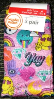 Wonder Nation 3 pr Girls Sparkle Metallic Knee High Emoji Socks Shoe sz 10 1/2-4