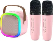 Kids Karaoke Machine Pink with 2 Wireless Microphones Bluetooth Speaker Party Gi
