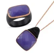 Carved & Faceted Purple and Black Jade (D) Ring Sz 7 and Pendant Necklace 18