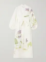[Erdem] Erdem - Belted Floral-print Linen Midi Dress - White - UK 8 UK 8 White