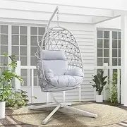 RoyalCraft Hanging Egg Chair Outdoor Swing Chair, Hammock Chair with Stand Indoor, Patio Boho Wicker Hanging Chair with Stand 350lbs Capacity for Garden, Balcony, Bedroom, Beige & Gray