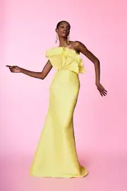 Badgley Mischka Ruffle Bodice Mermaid Gown Yellow Mikado sz 6 Prom Gala $990