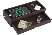 HofferRuffer Valet Jewelry Tray Organizer with Drawer, Faux Leather Storage Catchall Box Phone Charging Station Tray with Dresser Nightstand Desktop Drawer Organizer (Dark Brown)