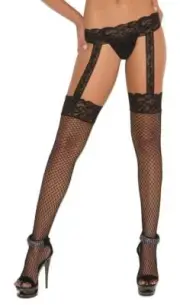 Diamond Net Thigh Highs Lace Top Garter Belt Attached Hosiery Fishnet 1860