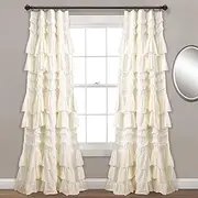 [Lush Decor] Kemmy Curtain | Ruffled, Textured Shabby Chic Style Window Panel for Living, Dining Room, Bedroom (Single), 84” x 52”, Ivory