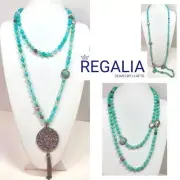Hand Knotted Aqua Gemstone Necklace w/ Amazonite,Pearls, Abalone & Hamsa Pendant