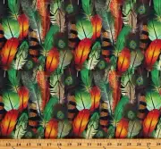 Cotton Feathers Green Orange Birds Peacocks Fabric Print by the Yard D465.44