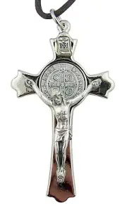 Silver Tone Budded Cross Saint Benedict of Nursia Crucifix with Cord and Case